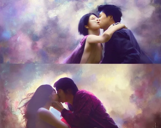 Prompt: photography of asian couples kissing each other, deep focus, d & d, presented as magazine collage style, volumetric light, colourful, sharp, detailed, digital painting by rolf armstrong, jeremy lipkin and michael garmash, rob rey and kentaro miura style