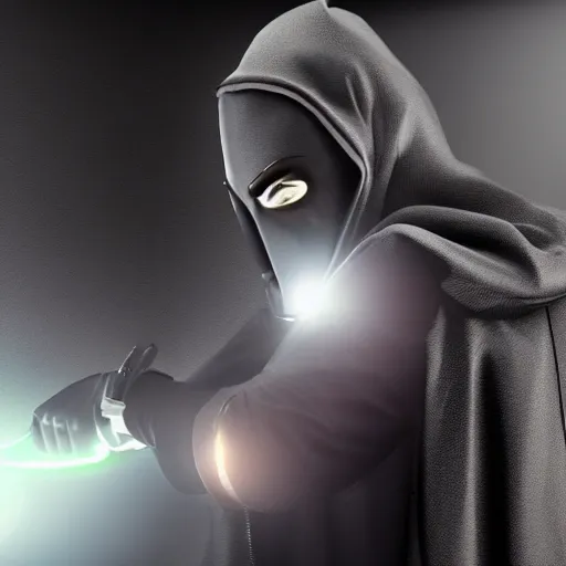 Image similar to masked villain with a dark cloak and a light grey jumpsuit holding a big iron revolver and turning his head at a 3 0 degree angle ( highly detailed, photo - realistic, hyperrealistic, flashing lights, greatly illustrated, uhd, 4 k render image )