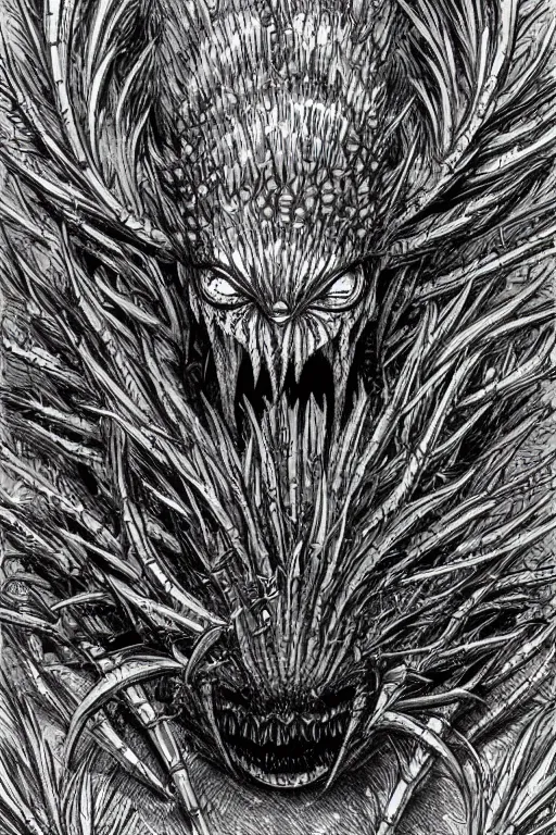 Image similar to thistle monster heavily armoured, symmetrical, highly detailed, digital art, needles, thorns, sharp focus, trending on art station, kentaro miura manga art style