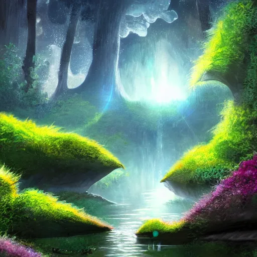 Image similar to beautiful lush natural scene on another planet, with creatures. different than earth but beautiful. lightfall. beautiful detailed digital painting. trending on artstation and deviantart.