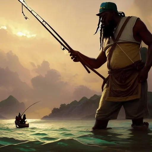 Image similar to fisherman, male, Jamaican, wide angle, parting the sea, magical fishing rod weapon, D&D, fantasy, intricate, elegant, highly detailed, digital painting, artstation, octane render, concept art, matte, sharp focus, illustration, hearthstone, art by Artgerm and Greg Rutkowski and Alphonse Mucha