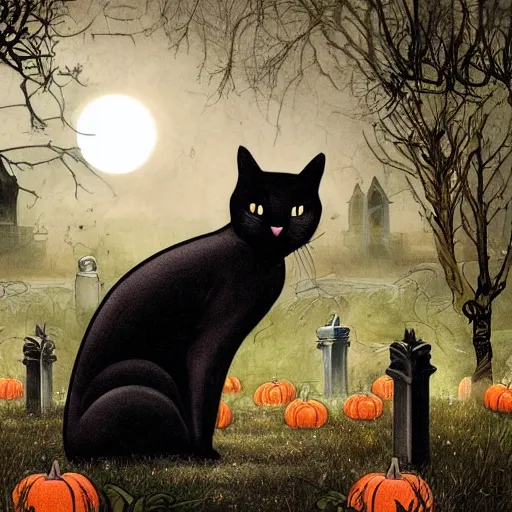 Image similar to an ultra detailed animation of a black cat in a graveyard at midnight on halloween tattoo, digital art, dark fantasy, concept art, soulslike, by alphonse mucha, blood moon eclipse, ruined building in the background, artstation, 8 k, unreal engine render