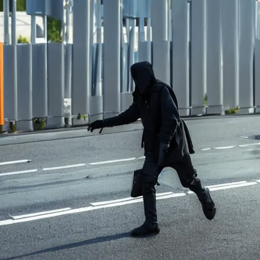 Prompt: a mysterious figure inspecting a german traffic barrier