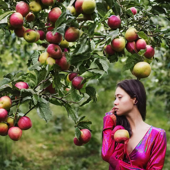 Image similar to a closeup portrait of a woman wearing an iridescent holographic bodysuit, picking apples from a tree, foggy, moody, photograph, by vincent desiderio, canon eos c 3 0 0, ƒ 1. 8, 3 5 mm, 8 k, medium - format print