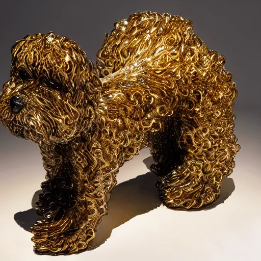 Prompt: wheaten terrier sculpture. By dale chihuly