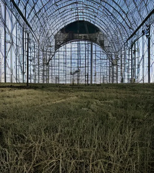 Image similar to hemp ropes in structure, former gasometer in rome, white sheets, trending on artstation, behance, octane render, award winning, archviz, matte painting, epic