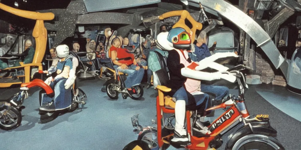 Image similar to 1990s photo of inside the E.T. ride at Universal Studios in Orlando, Florida, riding the flying bike with E.T. , cinematic, UHD