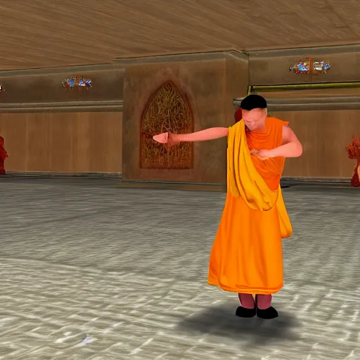 Prompt: tibetan monk sorcerer doing battle with invisible demonic forces in second life