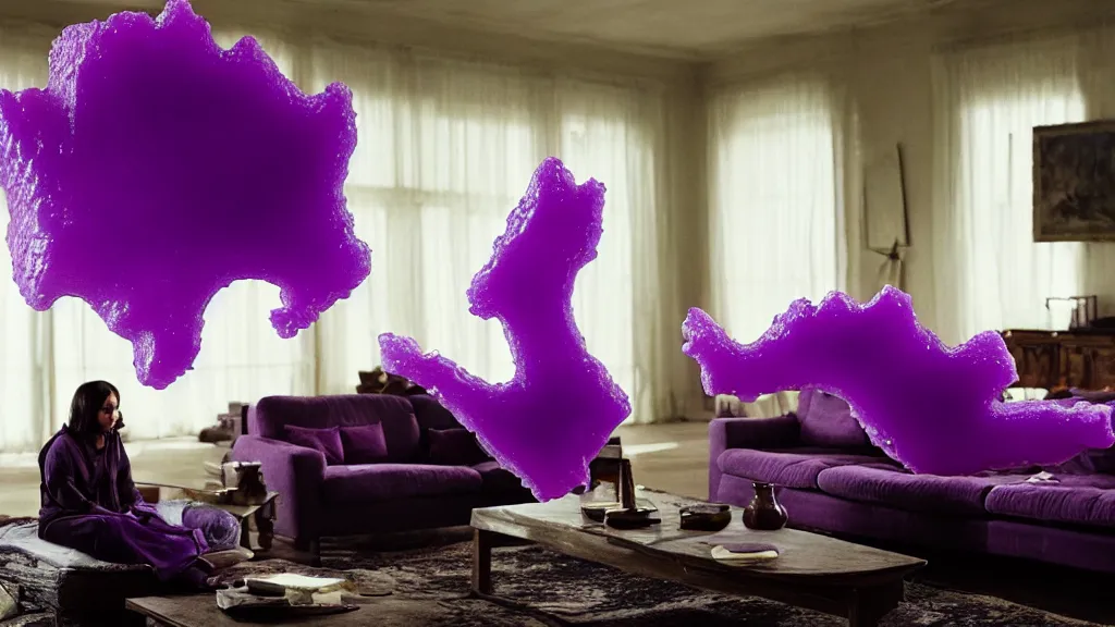 Prompt: a giant hand made of purple wax float through the living room film still from the movie directed by denis villeneuve with art direction