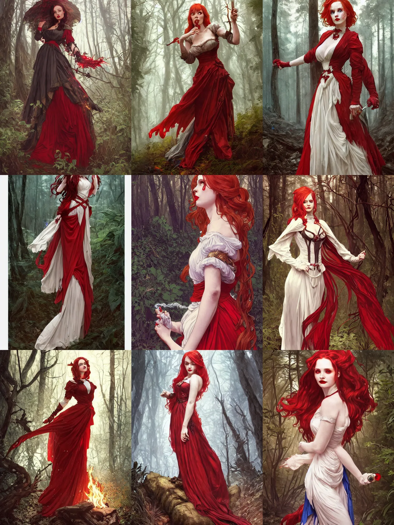Prompt: full body portrait of an evil female pyromancer in the woods, elegant victorian dress, very detailed face, white skin, red hair, red lipstick, blue eyes, fire everywhere, high fantasy, dnd, highly detailed, digital illustration, by artgerm, greg rutkowski, alphonse mucha, monochromatic red