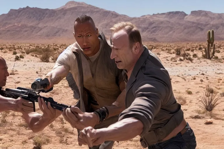 Prompt: dwayne johnson shooting bob odenkirk in the desert, movie still, photorealistic, detailed realistic bodies, realistic faces, clea composition