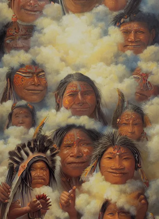 Prompt: faces of indigenous amazonian grandfathers and grandmothers spirits in the clouds, smiling, protection, benevolence, ancestors, detailed faces, hindouist painting, religious painting, art by christophe vacher