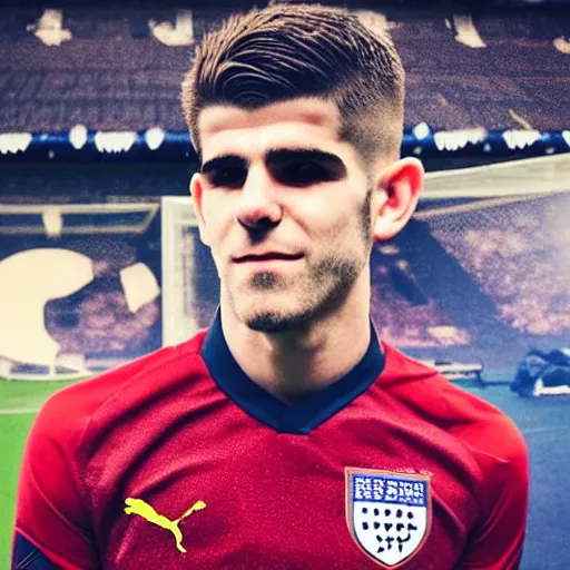 Image similar to “A realistic photo of English football player Christian Pulisic as a part humanoid, part android with shiny skin and wearing his soccer uniform close up very detailed”