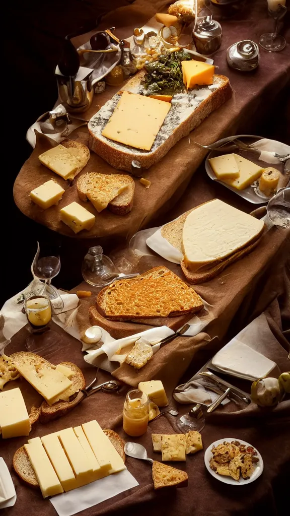 Image similar to 7 0 s food photography of an opulent spread of cheese on toast, on a velvet table cloth, dramatic diffused lighting