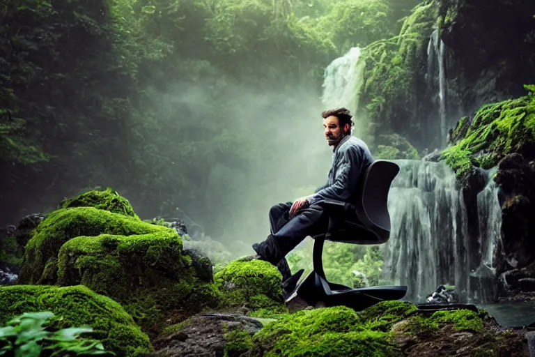 Image similar to movie closeup young man with a grey beard in a cyberpunk suit sitting on a futuristic chair at the edge of a jungle waterfall by emmanuel lubezki