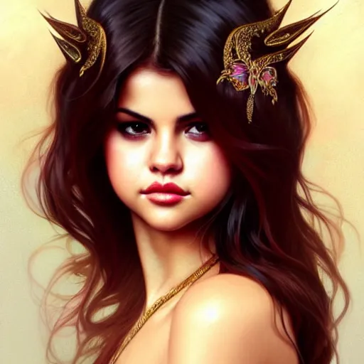 Image similar to selena gomez, beauty expressive pose, fantasy, intricate, elegant, highly detailed, digital painting, artstation, concept art, smooth, sharp focus, illustration, art by artgerm and greg rutkowski and alphonse mucha