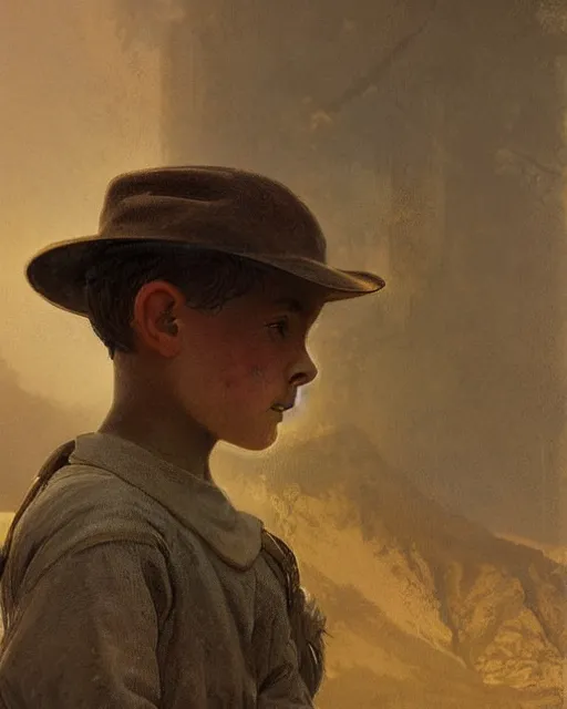 Image similar to side portrait of an Appalachian boy playing with dusty detailed features, dirt, prohibition era, Appalachian mountains, sharp focus, illustration, highly detailed, oil painting, matte, art by Greg Rutkowski and Alphonse Mucha, masterpiece