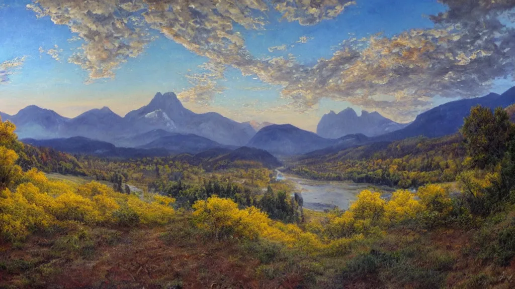 Image similar to The most beautiful panoramic landscape, oil painting, where the mountains are towering over the valley below their peaks shrouded in mist, the sun is just peeking over the horizon producing an awesome flare and the sky is ablaze with warm colors, lots of birds and stratus clouds. The river is winding its way through the valley and the trees are starting to turn yellow and red, by Greg Rutkowski, aerial view, naturalism