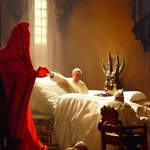 Image similar to the pope is in his bed, nervous and terrified, because a double horned shadow figure from hell is attacking him. highly detailed painting by gaston bussiere, j. c. leyendecker, greg rutkowski, craig mullins 8 k