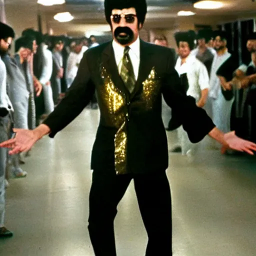 Image similar to A movie still of Saddam Hussein wearing a disco suit in Satuday Night Fever