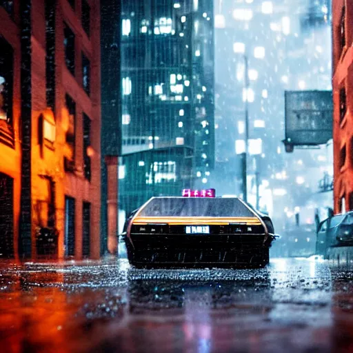 Image similar to Delorean parked in a cyberpunk city, rainy weather, thunderstorm, low light photography, 4k