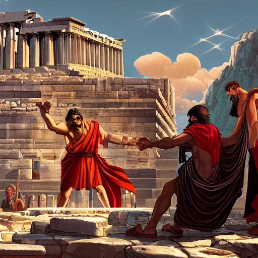 Image similar to plato arguing with diogenes on the acropolis, by dan mumford, yusuke murata, makoto shinkai, ross tran, cosmic, heavenly, god rays, intricate detail, cinematic, 8 k, cel shaded, unreal engine, featured on artstation, pixiv