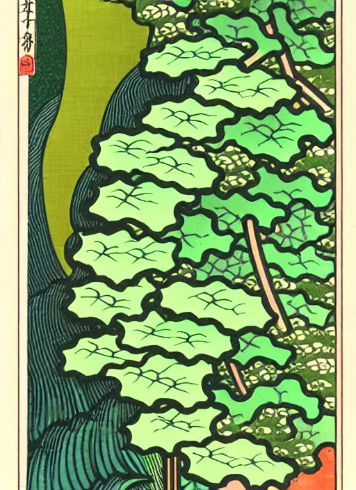 Image similar to fantasy scientific botanical trading card illustration of a green leafy plant that grows like a waterfall ,Ukiyo-e, isometric view, diego rivera