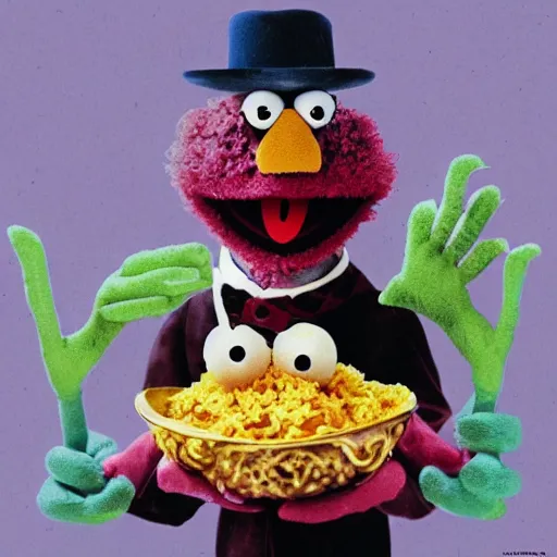 Prompt: gonzo from muppets in a bowl of macaroni, death metal album cover