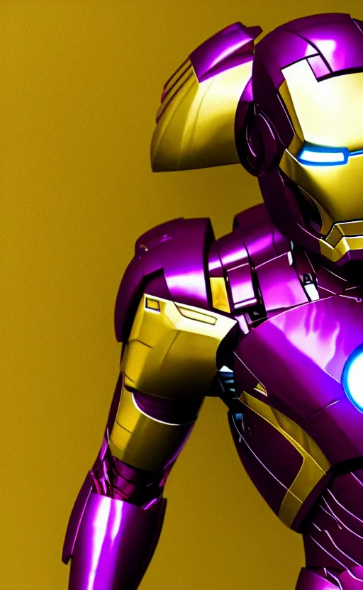 Image similar to iron man's suit but the color scheme is royal purple and gold, octane render, photorealistic, realistic shading, cinematic, detailed textures