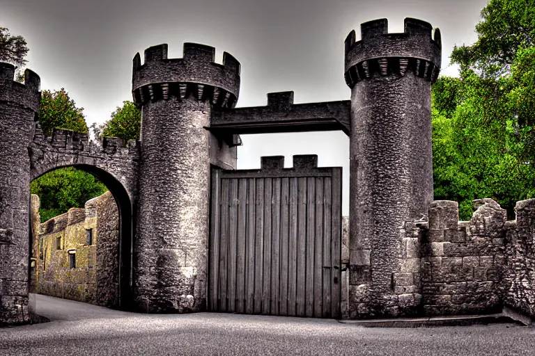 Prompt: 1950s castle gate with drawbridge muted colors. by Keith Parkinson