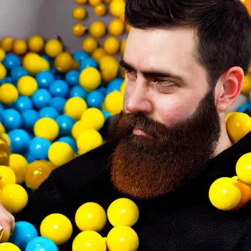 Prompt: a man with a beard in only one side looking at the camera, under a ball pool of yellow and white balls.