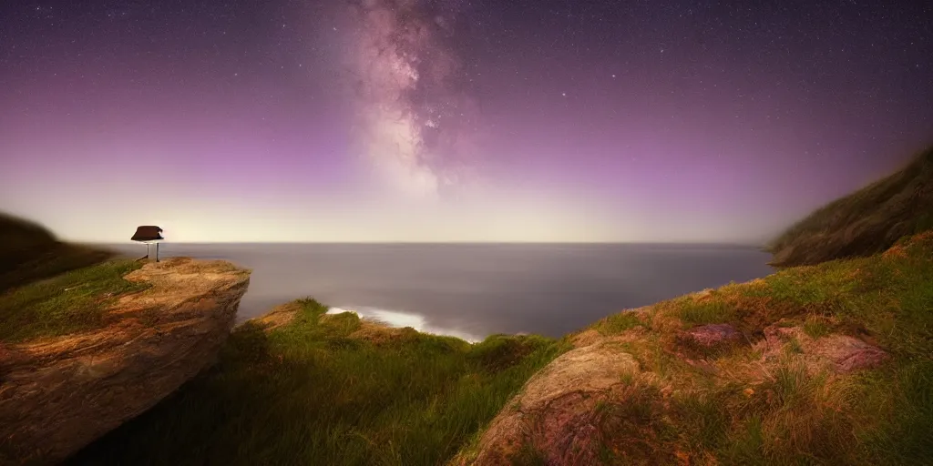 Prompt: Field on the edge of a cliff overlooking the ocean at night by Jessica Rossier, purple color scheme