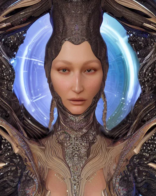 Image similar to a highly detailed metahuman 4 k close up render of an alien goddess bella hadid as alien in iris van herpen dress schiaparelli in diamonds crystals swarovski and jewelry iridescent in style of alphonse mucha gustav klimt trending on artstation made in unreal engine 4