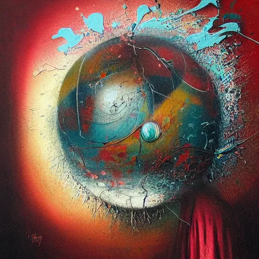 Image similar to a sphere being devoured by abstract splatters of paint in the style of francis bacon, james jean, surreal, beksinski, high detailed