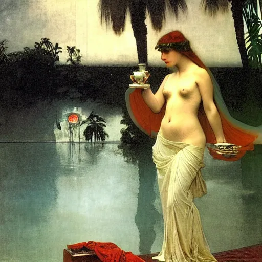 Image similar to Girl with a blood dripping chalice at the palace, thunderstorm, pool, beach and palm trees on the background major arcana sky, by paul delaroche, alphonse mucha and arnold böcklin arnold böcklin hyperrealistic 8k, very detailed