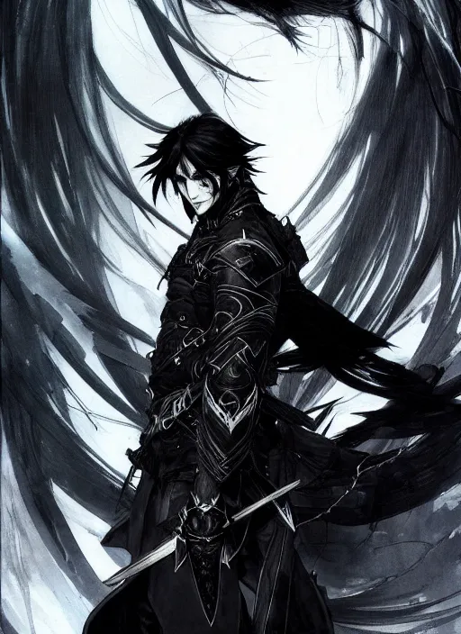 Image similar to Half body portrait of a handsome elven warrior with long black hair and facial hair wearing a black jacket. In style of Yoji Shinkawa and Hyung-tae Kim, trending on ArtStation, dark fantasy, great composition, concept art, highly detailed.