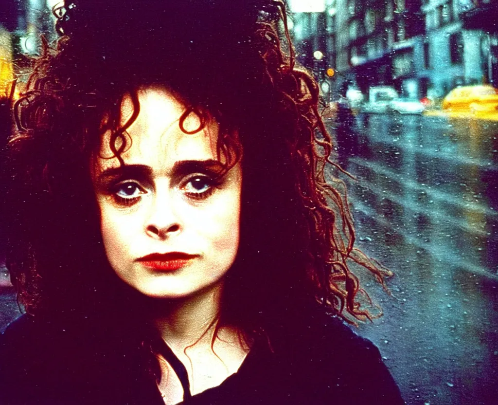 Prompt: closeup of young Helena Bonham Carter on the lower east side, Polaroid, raining!!!, nightime, colorful, 1970s, photorealistic, atmospheric,