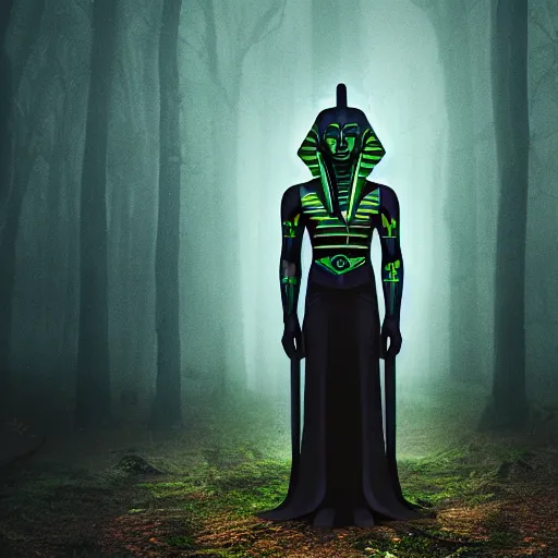 Image similar to a mystical alien pharaoh standing in a dark, gloomy forest, detailed, mythical, mist, depressing, tired, dark, lush, nature, mist, mystery, glows, somber, dismal, fog, heavy fog, dark lighting, rim light, ambient light,