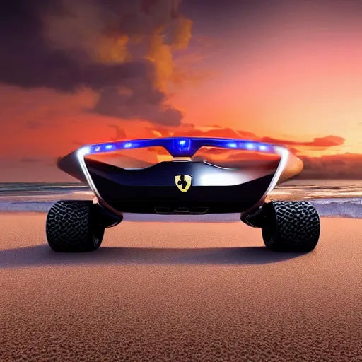 Image similar to concpet art featuring a futuristic ferrari themed hoverboard sitting at the beach during sunset. fine detail. surf. this 4 k hd image is trending on artstation, featured on behance, well - rendered, extra crisp, features intricate detail, epic composition and the style of unreal engine.