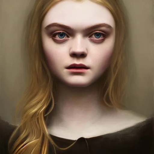 Prompt: portrait of a vampire elle fanning surrounded by bioluminescent blood, detailed realism face in painting, detailed beautiful portrait, oil painting masterpiece, 8 k resolution, smooth, sharp focus, trending on artstation, by rembrandt