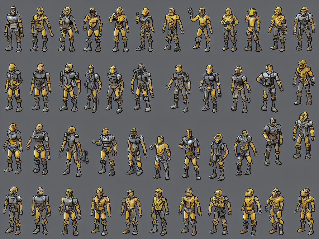 Prompt: isometric sprite sheet of detailed fallout power armor! holding gun, smooth, 8 k, gouache, centered, by artgerm, solid background