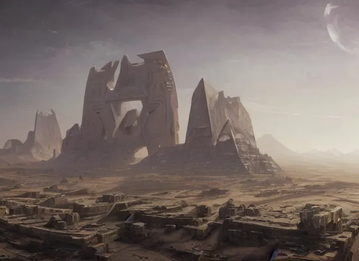 Image similar to Wide shot of Futuristic Sprawling desert megalopolis encircled by mountains and bordered by a shield wall, made of brutalist stone with a futuristic pyramid in the center, by greg rutkowski