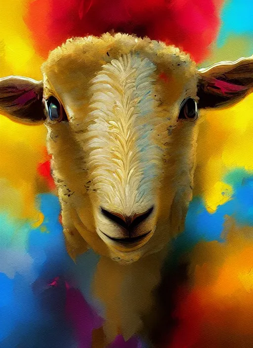 Image similar to a painting of a lamb's face with blue and yellow smoke coming out of, a digital painting by petros afshar, behance contest winner, digital art, behance hd, digital illustration, digital painting