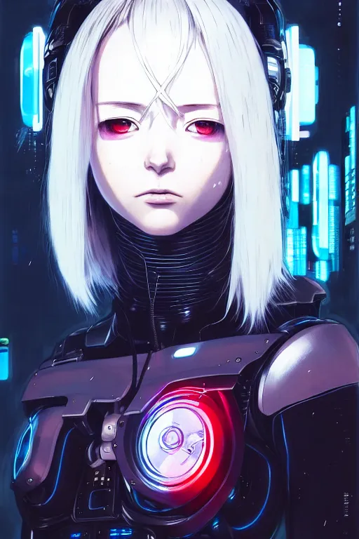 Image similar to portrait Anime cyborg girl, cyberpunk, cute-fine-face, white-hair pretty face, realistic shaded Perfect face, fine details. Anime. realistic shaded lighting by Ilya Kuvshinov katsuhiro otomo ghost-in-the-shell, magali villeneuve, artgerm, rutkowski, WLOP Jeremy Lipkin and Giuseppe Dangelico Pino and Michael Garmash and Rob Rey