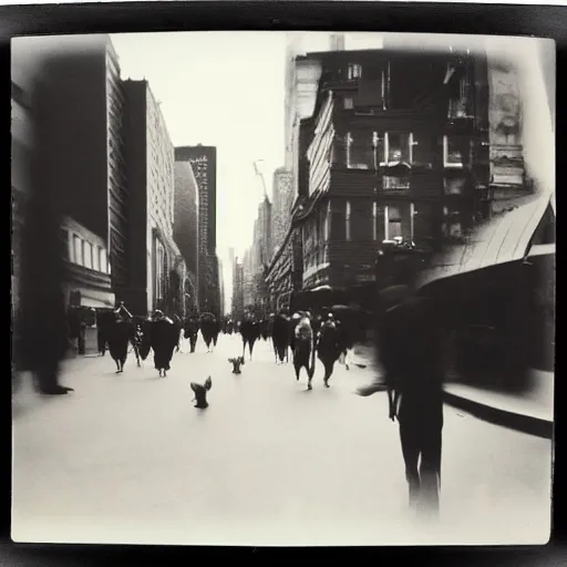 Prompt: wide-shot low-angle cat's eyesight photo of empty!!! animated walking ghostly people (((heads))) at the street in New York, polaroid photo, by Andy Warhol, signed