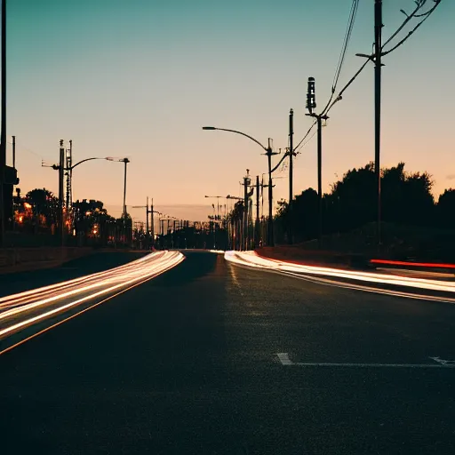 Image similar to photography of car driving down dark road during sunset jdm light posts city in the background