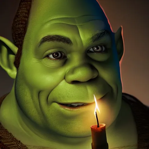 Image similar to portrait painting of shrek, candlelight, 8 k, ultra realistic, lens flare, atmosphere, glow, detailed, intricate, beautiful color, dungeons and dragons, gritty, cinematic lighting, trending on artstation, 4 k, hyperrealistic, focused, extreme details, unreal engine 5, cinematic, masterpiece