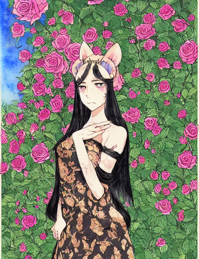 Image similar to central asian woman with cat ears, wearing a lovely dress in a steampunk rose garden. this watercolor painting by the award - winning mangaka has impeccable lighting, an interesting color scheme and intricate details.