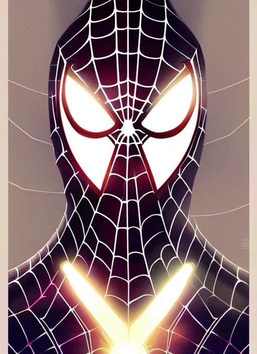 Image similar to symmetry portrait of spider - man, glowing lights, intricate, elegant, highly detailed, digital painting, artstation, concept art, smooth, sharp focus, illustration, art by artgerm and greg rutkowski and alphonse mucha