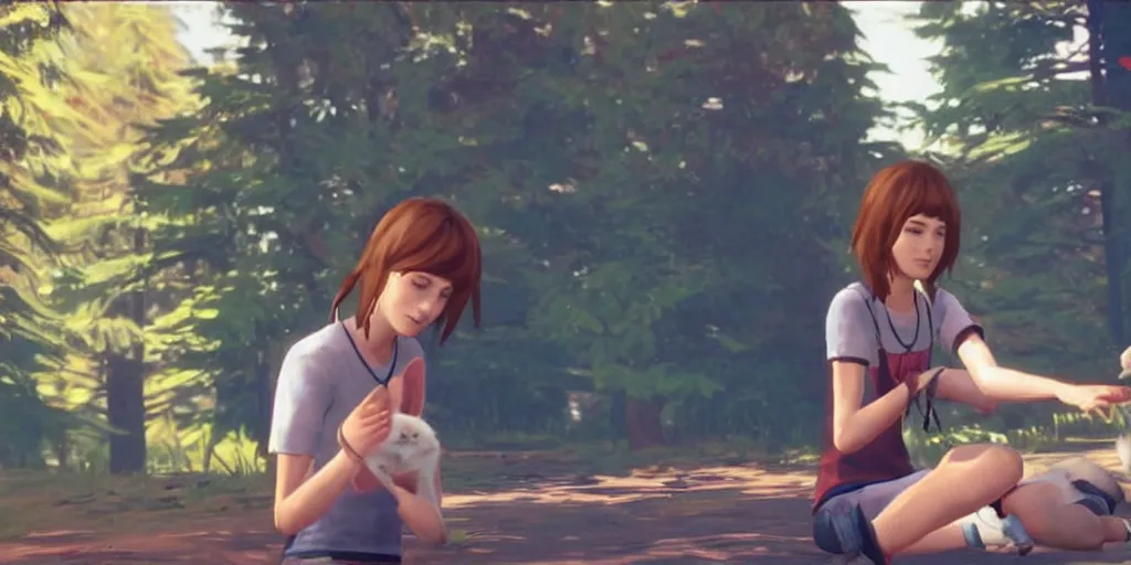 Image similar to max caulfield petting a rabbit in the video game life is strange, screenshot